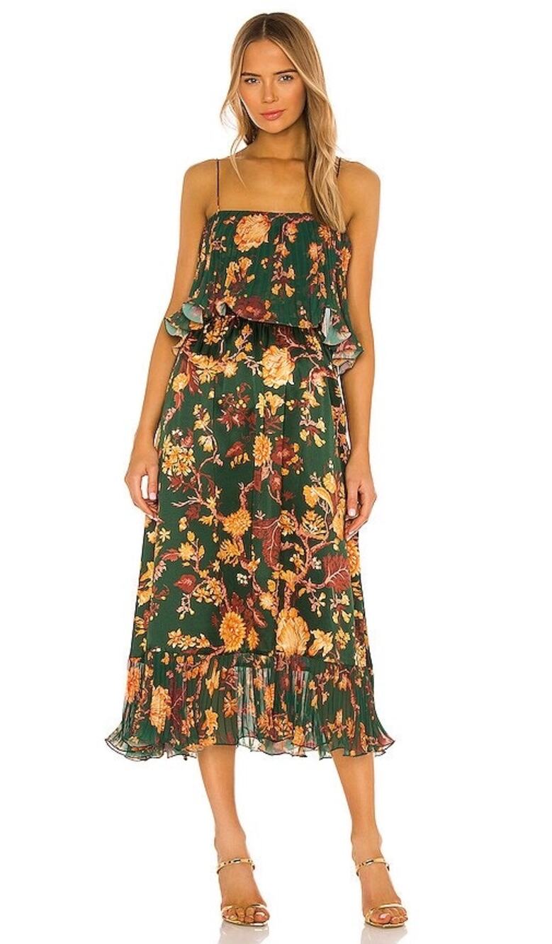 Amur Adeline Forest Green Floral Print Pleated Sleeveless Midi Dress Size 4